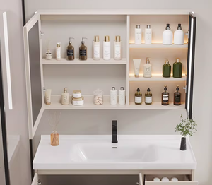 <span class=keywords><strong>Meuble</strong></span> <span class=keywords><strong>de</strong></span> salle <span class=keywords><strong>de</strong></span> bain contemporain haut <span class=keywords><strong>de</strong></span> gamme avec vasque en céramique intégrée, rangement grande capacité et armoire miroir intelligente anti-buée - Product Image 3