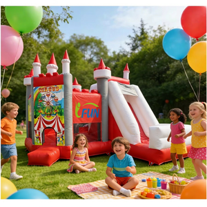 Château gonflable commercial avec toboggan, thème cirque, pour location événementielle, en PVC 0,55 mm - Product Image 1