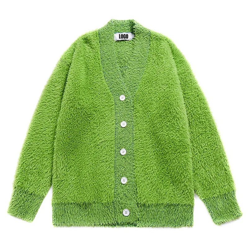 Shinesia OEM Embroidered LOGO Unisex Winter Mohair V-neck Knitwear Custom Men Blank Fuzzy Cotton Mohair Cardigan Knitted Sweater