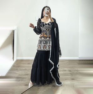 Traje de diseñador étnico moderno pakistaní indio tela de Georgette de imitación pesada Sharara Palazzo Dupatta alto tradicional verano bajo - Product Image 1