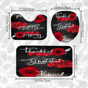 4Pcs Rose rouge Accessoires de salle de bain Rideau de <span class=keywords><strong>douche</strong></span> béni reconnaissant avec tapis <span class=keywords><strong>antidérapant</strong></span> Couvercle de toilette Tapis de bain en stock - Product Image 4