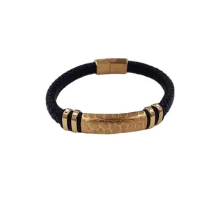 Fashion Men Wristbands gold plated Stainless Steel Decorative Design Magnet Buckle Custom Leather Braided Rope Bracelet