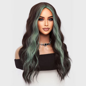 باروكة شعر طويلة سوداء بتموجات مائية مع غرة خضراء مرحة ودانتيل بني داكن، قبعة قابلة للتعديل، بدون غراء، مصنوعة من ألياف عالية الحرارة - Product Image 3
