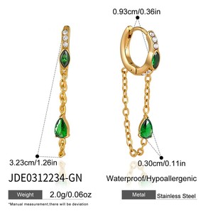 Pendientes de Acero Inoxidable, Resistentes al Deslustre, Impermeables, con Zirconia Verde en Forma de Lágrima y Borla, Baño de Oro de 18K - Product Image 5