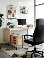 Bureau d'ordinateur créatif et moderne pour salon, avec profil en aluminium, plateau en panneau Ocean, tiroir de rangement et roulettes