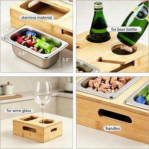 Plateau porte-gobelets en bambou pour canapé avec boîtes à collation en acier inoxydable, organisateur de rangement pour verres à vin et télécommandes, idéal pour les soirées cinéma à domicile - Product Image 4