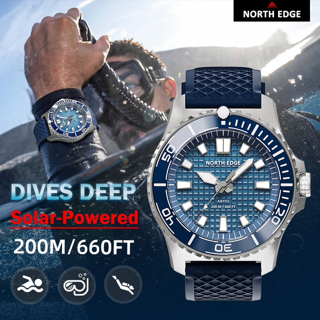 NORTH EDGE 2026 NEW ABYSS Solar Powered Dive Quartz Luxury Watch 200M Waterproof Dive Sports Watches 316L Steel 180+ Day Power
