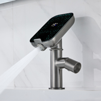 Grifo de Lavabo de Latón de Doble Modo con Pantalla Digital en Gris Metálico, Grifo de Agua Fría y Caliente con Estante de Almacenamiento que Ahorra Espacio