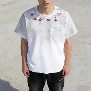 Camiseta de algodón grueso unisex con estampado personalizado y bolsillo, estilo streetwear vintage, corte holgado y oversize - Product Image 1