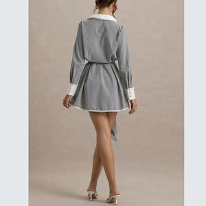 Vestido Camisero Personalizable para Mujer, Nuevo, Cuello Camisero, Cintura Imperio, Color en Contraste, Vestido Casual a Rayas - Product Image 2