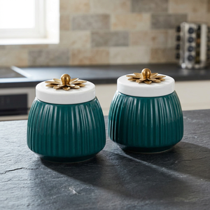Juego de Recipientes para Especias de Metal, Color Verde Azulado, con Tapa Dorada con Diseño de Flor, Herméticos, para Almacenamiento en la Cocina, Diseño Moderno, Hechos a Mano - Product Image 4