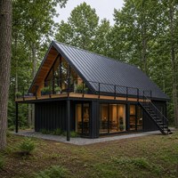 Maison modulaire contemporaine en conteneur avec structure en acier, grandes portes vitrées et plateforme sur le toit