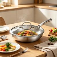 Poêles à frire en acier inoxydable triple couche très vendues, ensemble de cuisson extérieur de camping de haute qualité, poêle antiadhésive avec couvercle en verre, compatible four