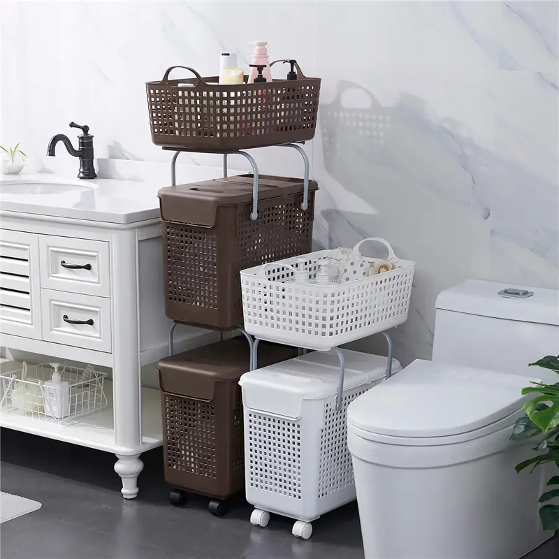 Household portable muti layer dirty clothes basket for bathroom rotating storage rack laundry basket trolley