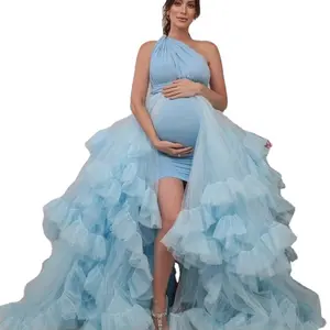 Gaun fotografi ibu Eropa dan Amerika gaun tulle kerut biru langit gaun perawatan bersalin