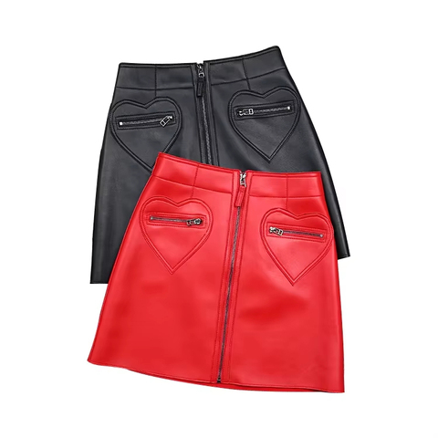 1336 Sweet and Cool Love Pocket Zipper High Waist Sheepskin a Version Genuine Leather Mini Short Skirt