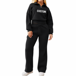 Conjunto Deportivo de Dos Piezas para Mujer, Negro, con Media Cremallera, Logotipo Personalizado, Sudadera de Felpa Suave Premium y Pantalones Deportivos de Pierna Ancha - Product Image 1
