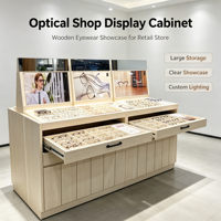 Vitrine de présentation de lunettes en bois sur mesure pour opticien, avec tiroir coulissant, support de présentation de lunettes de soleil, éclairage LED, îlot central pour lunettes