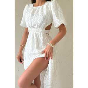 Robe de soirée blanche en gros avec manches ballon et ceinture, design élégant - Product Image 4