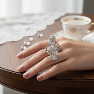 Anello di pietra preziosa in lega di tendenza Vintage con placcatura in oro 18K intarsio di cristallo Stretch luna e forma di numero gioielli cristallini - Product Image 3