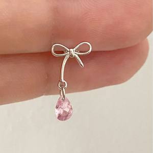 Exquisite S925 Pure Silver Bow Water Drop Dangle <b>Earrings</b> with Pink <b>Blue</b> Zircon <b>Studs</b> Stylish Niche Design - Product Image 3