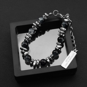 Cadena de Mano para Hombre y Mujer, Mismo Estilo, Ónix Negro con Diseño de Grietas de Hielo, Diseño Retro Chino, Material de Acero Inoxidable. - Product Image 2