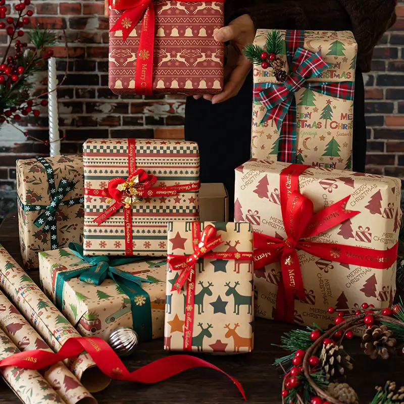 9 disegni colorati fogli di carta da regalo di natale di natale imballaggio in rotolo per bambini confezione regalo di festa regalo di carta artigianale Vintage