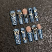 Faux ongles longs en forme de cercueil faits à la main, bleu denim, avec crâne argenté 3D, papillon et ange, style gothique punk Y2K, pour l'industrie lourde, vente en gros