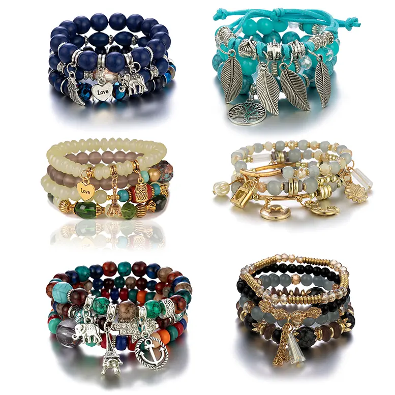 Conjunto de pulseras de lujo con cuentas de cristal para mujer, pulseras de cuentas naturales elásticas Vintage, venta al por mayor de fábrica