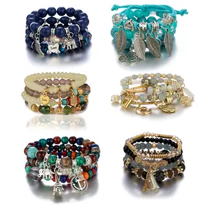 Factory Wholesale Crystal Bead Women Luxury Bangles Bracelet Set With Charms Vintage Stretch Natural Beaded Bracelets Women
