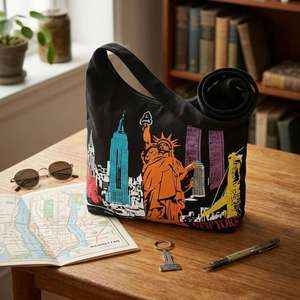 New York City Printed <b>Black</b> <b>Canvas</b> <b>Tote</b> <b>Bag</b> | Stylish Reusable Fashion Shopping Travel Outdoor Zipper Closure Long Shoulder - Product Image 4