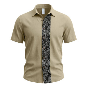 Men's Contrast Panel Short Sleeve Button Up <b>Shirt</b> Casual Business Polo Collar Summer Top - Product Image 5