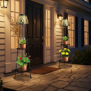 Lampe solaire d'extérieur TSINYE avec support <span class=keywords><strong>pour</strong></span> plantes, lampes de jardin en fer imperméables avec 2 étagères, décorations d'extérieur IP44 - Product Image 5