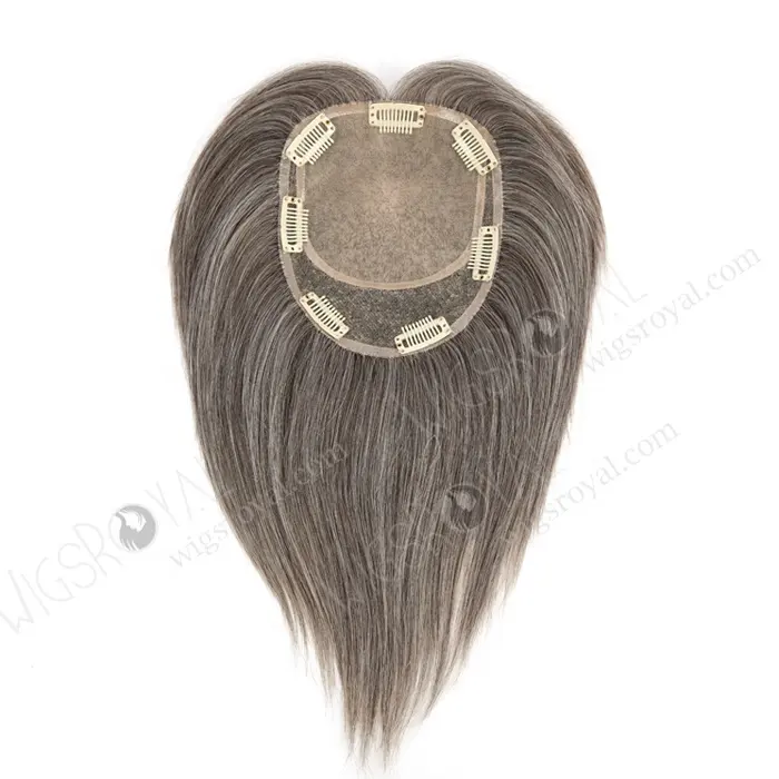 Capa de couro cabeludo natural curto, cabelo cinza para mulheres mais velhas com cabelo desbaste | Toppers de cabelo cinza com clipe para mulheres mais velhas de 6 polegadas