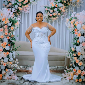 Vestido de Novia de Lujo con Pedrería y Perlas, Mangas Largas, Blanco, Hombros Descubiertos, Vestidos de Novia Estilo Sirena, Personalizado, Formal - Product Image 2