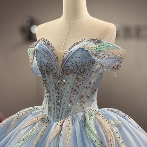 8531 Blue Beaded Lace Sweetheart <b>Sheer</b> Tulle Ball Gown Crystal Bodice Applique Tulle <b>Skirt</b> Natural Waistline for Quinceanera - Product Image 5
