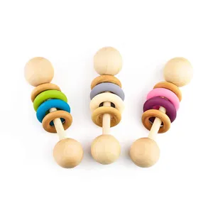 Sonajero de madera personalizado para bebés, juego de sonajeros sensoriales y sonajero de madera montessori, venta al por mayor