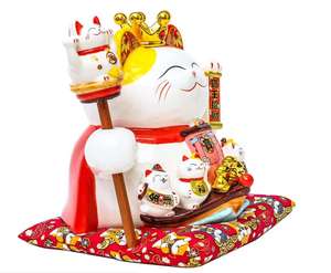 セラミックラッキーキャット10 "白いセラミックマネキネコ手を振った腕、華やかに装飾された磁器ビジネスに最適なギフト - Product Image 4