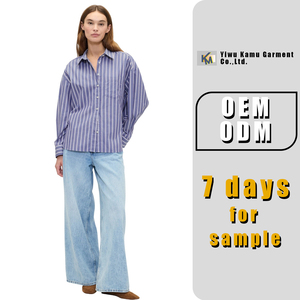 Camicie da donna larghe con bottone a righe in cotone a righe in cotone OEM con Logo ricamato personalizzato per abbigliamento Casual - Product Image 2