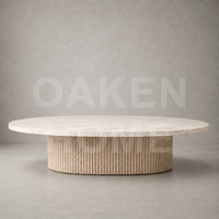 Table basse ronde en travertin OAKEN avec base en bois massif rainuré verticale, table centrale Wabi Sabi, meubles de salon pour villa