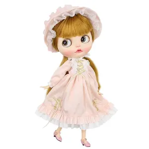 ICYDBSブライス人形リッカボディロリータ衣装淡いピンクのドレス帽子ソックス人形アニメおもちゃ女の子服12インチ人形用