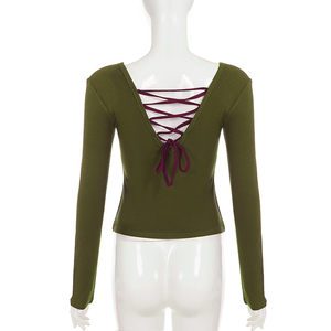 T-shirt vintage sexy et polyvalent à col en V, dos noué, réversible, bicolore, coupe ajustée, style basique - Product Image 6
