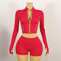 Ensemble de sport 2 pièces personnalisé pour femme avec logo, veste à manches longues à fermeture éclair dorée, short taille haute et bandeau – Tenue d'été 2026