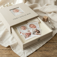 Boîte à souvenirs pour bébé en lin avec fenêtre photo personnalisée, boîte de rangement pour souvenirs de bébé nouveau-né, cadeau pour les étapes importantes du bébé