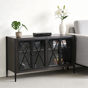 Moderno Mobile Contenitore in Legno con Struttura in Metallo e 4 Ante in <span class=keywords><strong>Vetro</strong></span>, Credenza per Soggiorno, Sala da Pranzo, Camera da Letto, Armadio per Ville - Product Image 3