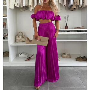 2025 yaz moda parti günlük pantolon kıyafet off-omuz kolsuz Tube tüp üst + geniş bacak pantolon seti kadınlar seksi 2 parça Set - Product Image 1