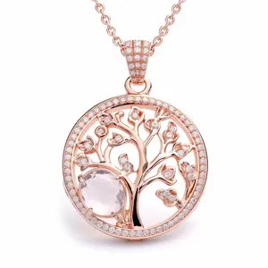 Vòng cổ mặt dây chuyền kolye Erkek đồ trang sức mỹ Tree of Life sang trọng lớn ban đầu Rose Quartz Vintage không xỉn moissanite P Mặt dây chuyền