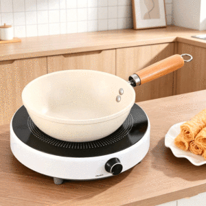 Wok de Cerámica Blanca FLEY, Sartén Antiadherente con Mango de Madera y Tapa de Vidrio, Apto para Cocina de Gas, para el Hogar - Product Image 3