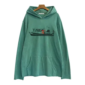 Custom acid wash blank turquoise hoodie dtg print 80% cotton 20% polyester rew hem french terry pullover hoodie