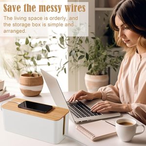 Boîte de gestion des câbles blanche avec couvercle en bambou, organiseur de câbles <span class=keywords><strong>pour</strong></span> dissimuler <span class=keywords><strong>les</strong></span> câbles et <span class=keywords><strong>les</strong></span> prises - Product Image 6